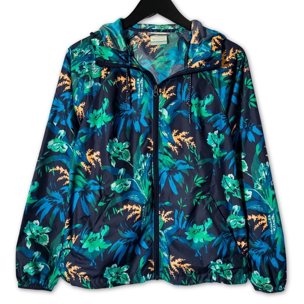 Columbia Windbreaker Jacket Women XS Blue Tropical Print Zip Hooded Lightweight